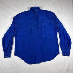 Vintage 90s Women's 100% Silk Button Down Blouse Blue Size Medium Flowy